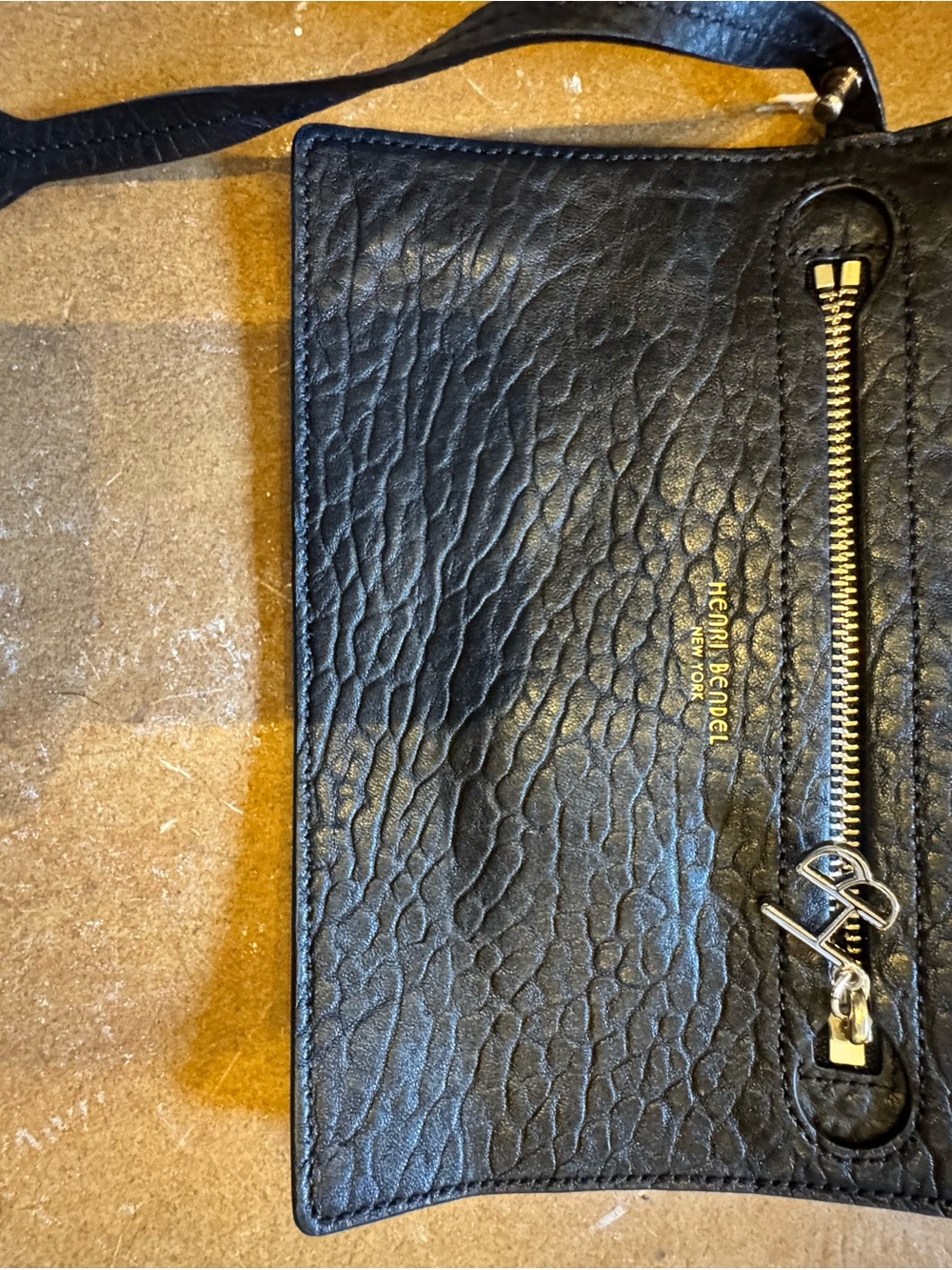 Henri Bendel Black Textured Leather zip pouch with gold hardware